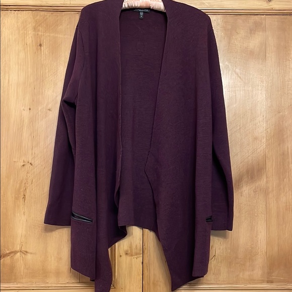 Women's Purple Open Front Wool Cardigan with black leather trim - Picture 1 of 4